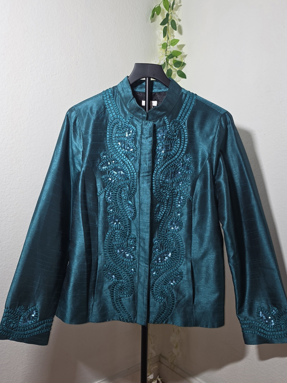 Chico's Teal Embellished Satin-Blend Jacket